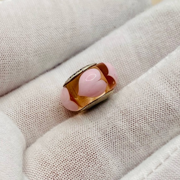 EUC Pandora 790660 Sterling Silver Rose Murano Glass Charm w/ Pink Hearts - Picture 4 of 8
